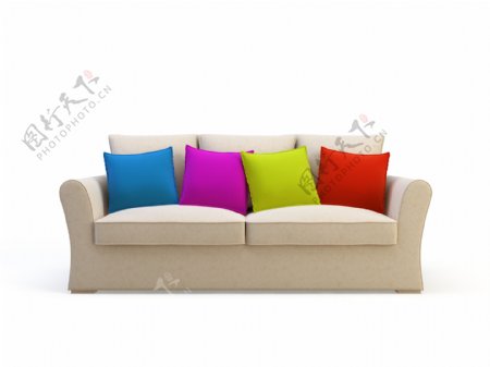 米色沙发与彩色抱枕图片