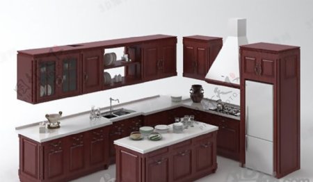 3D实木厨房橱柜模型