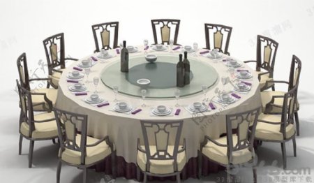 3D餐馆12人桌椅模型