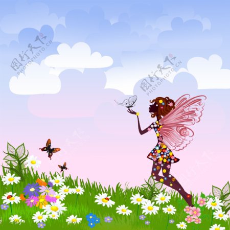 蓝天白云草地上的天使蝴蝶美女图片
