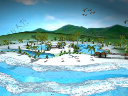 沙滩场景3dmax模型带贴图图片