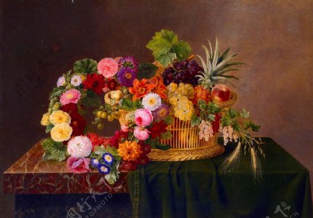 油画水果篮旁的花环图片