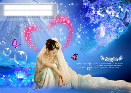 人物写真人物写真蓝色背景穿婚纱的新娘蝴蝶透明气泡星星音符心型