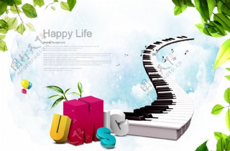 弧形钢琴琴键和彩色英文