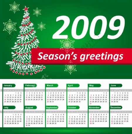 矢量日历年历圣诞节新年2009.圆形雪花星星圣诞树动感线条