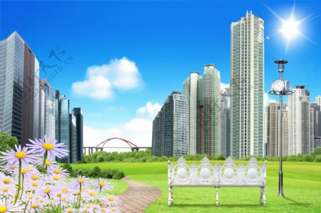 韩国房地产PSD分层素材高楼白云天空日光座椅花纹草地下载