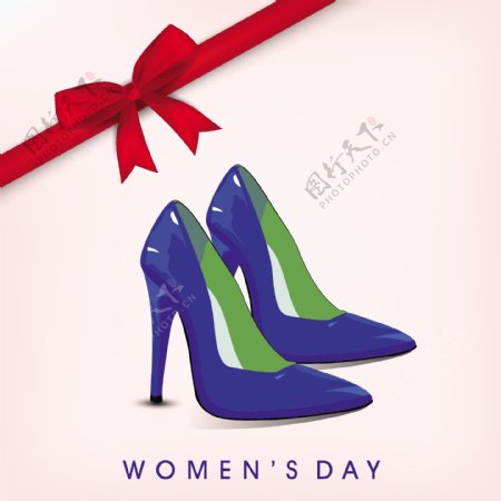 三八妇女节贺卡或海报和有光泽的蓝色女士鞋上粉色的背景与红丝带的设计