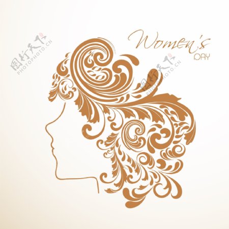 三八妇女节贺卡或海报的一个摘要背景有花的装饰毛美女插画设计