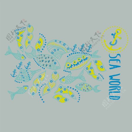 印花矢量图T恤图案图文结合海洋动物海螺免费素材
