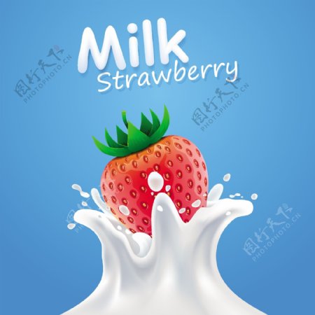 动感新鲜草莓与牛奶背景矢量素材