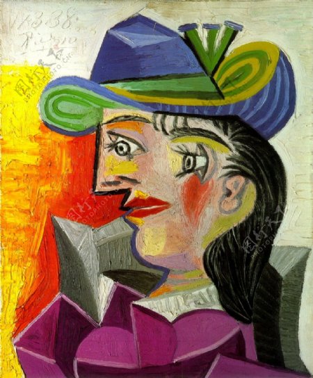 1938Femmeauchapeaubleu西班牙画家巴勃罗毕加索抽象油画人物人体油画装饰画