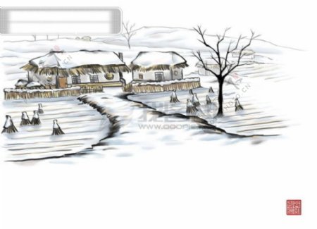 HanMaker韩国设计素材库背景水墨绘画房屋冬天雪景