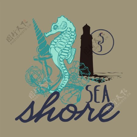 印花矢量图T恤图案图文结合海洋动物海马免费素材