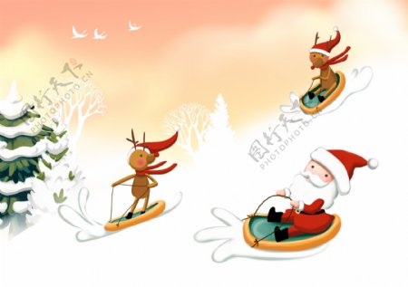 雪地上滑雪的圣诞老人和麋鹿