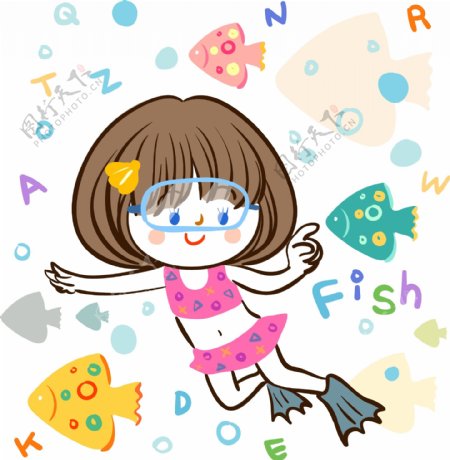 潜水戏鱼的女孩图片