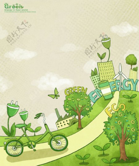 山坡上的城市和自行车插画