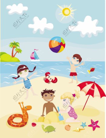 卡通小孩夏日海滩矢量素材