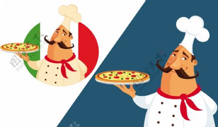 卡通端披萨胖厨师矢量素材.