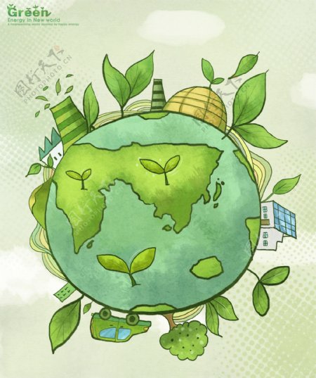 绿色地球上的绿色嫩芽插画
