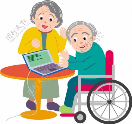 坐轮椅的老爷爷玩电脑矢量素材