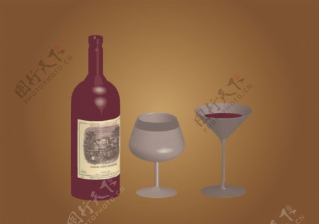 立体葡萄酒瓶和杯子图片