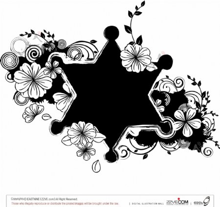 黑白六角星花朵花边边框