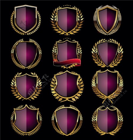 12款紫色空白桂冠徽章设计矢量素材