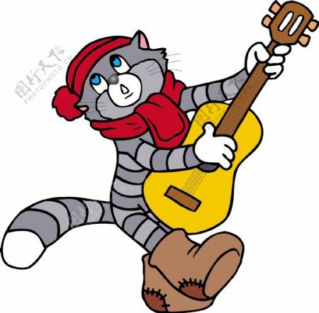 印花矢量图动物猫乐器吉他免费素材