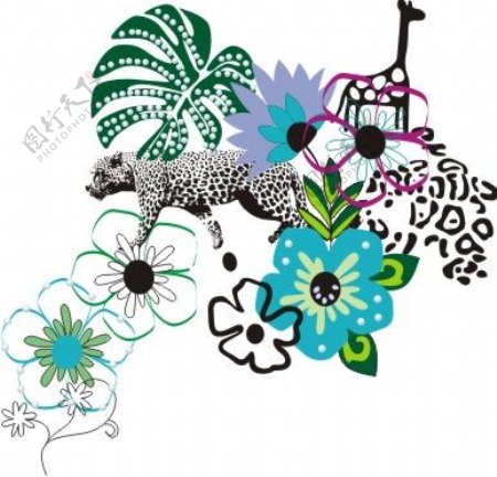 印花矢量图动物长颈鹿豹子抽象动物花卉免费素材