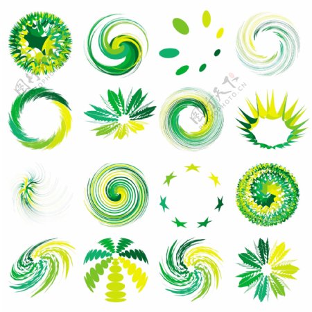 16绿色漩涡矢量抽象的形状设置