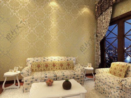 大马士革欧式古典黄沙发背景墙纸图片