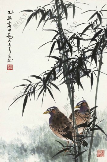 翠竹双禽图图片