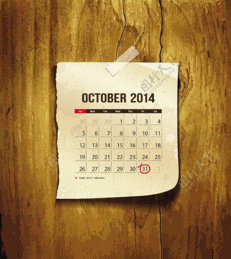 创意2014十月贴纸日历矢量素材