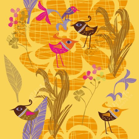 艺术彩绘小鸟花卉背景矢量素材