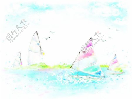 水彩画帆船图片PSD分层素材