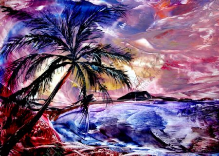 油画海滩椰树图片