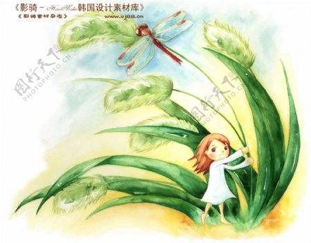 HanMaker韩国设计素材库背景卡通漫画淡彩儿童女孩叶子狗尾草蜻蜓