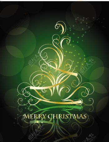 金色的旋转的圣诞树和墨绿色的背景