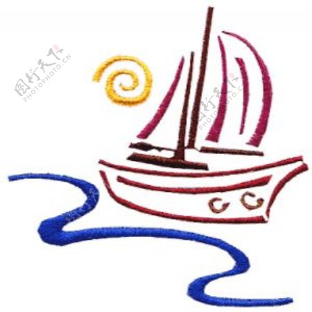 绣花交通工具帆船图标色彩免费素材