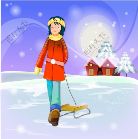 女孩在雪地里拖着雪橇矢量素材