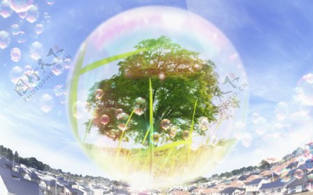 都市三维球泡泡绿草大树天空光芒桌面背景图片