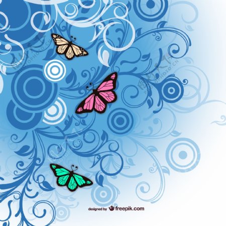 蓝色花纹与蝴蝶矢量素材