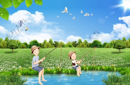 草地上钓鱼