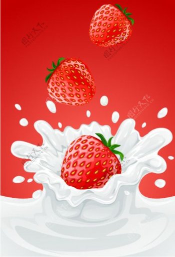 矢量草莓落入牛奶的奶花素材