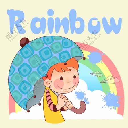 印花矢量图可爱卡通男人雨伞彩虹免费素材