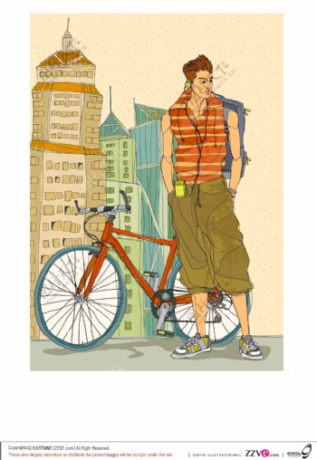 建筑高楼男孩与自行车