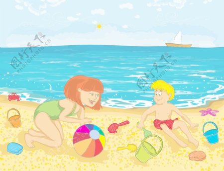 海滩上的矢量插画的母亲和孩子