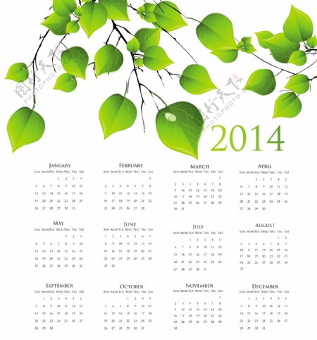 绿色叶子矢量日历