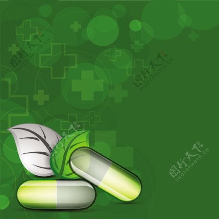 在闪闪发光的绿色背景医疗药片和绿色的叶子医学概念