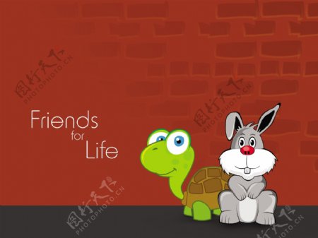 快乐友谊日背景与可爱的乌龟和兔子对桔色的墙
